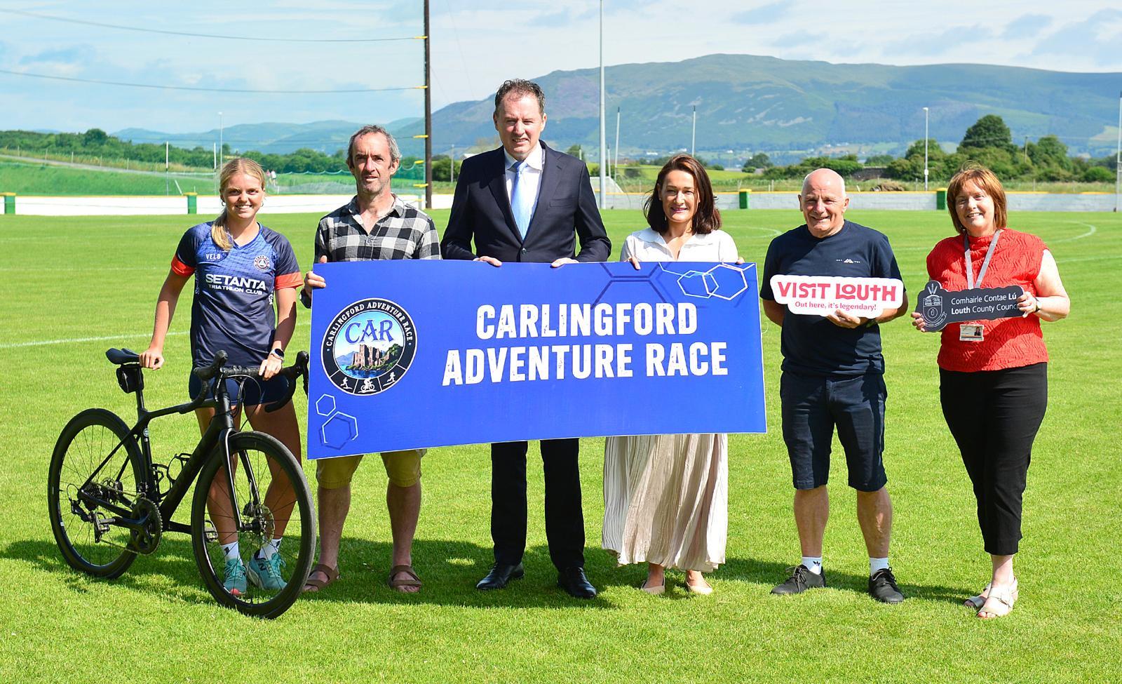 Official CAR launch at Cooley Kickhams GAC, 7 July 2026 — L&ndash;R: Julia Van Coller (Setanta Triathlon Club), Johnny Conway (CAR), Minister Charlie McConalogue, Erin McGreehan TD, Fra Murphy (CAR), Denise Curtis (Louth County Council).